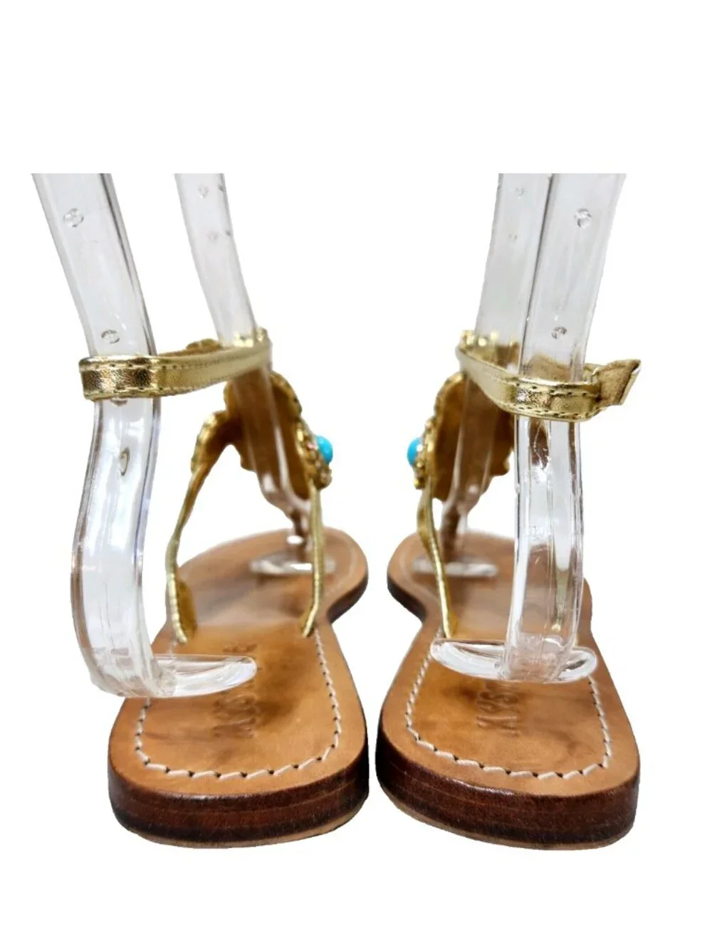Mystique sandals faux turquoise size 6 gold leather jeweled